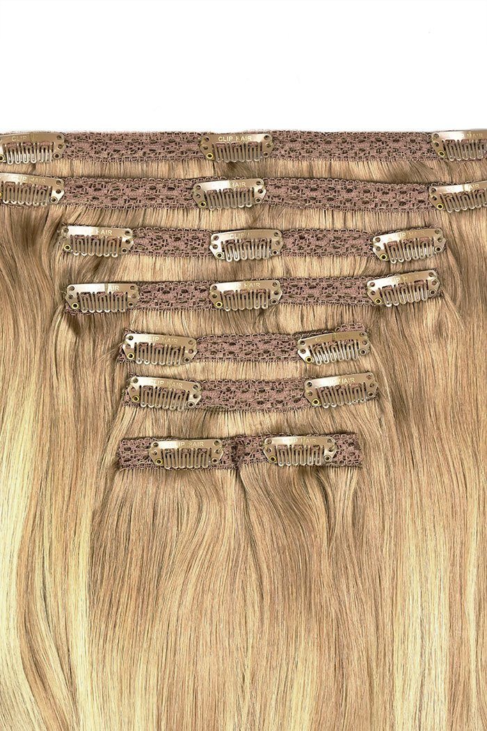 Double Wefted Full Head Biscuit Blondey Balayage Clip in Hair Extensions - Image 2