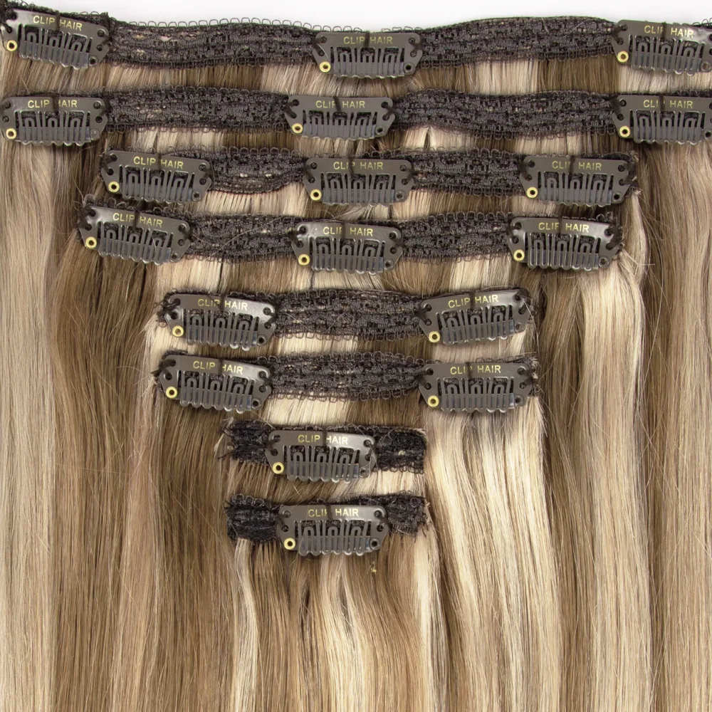 Double Wefted Full Head Remy Clip in Human Hair Extensions - Iced Cappuccino (#14/22) - Image 2